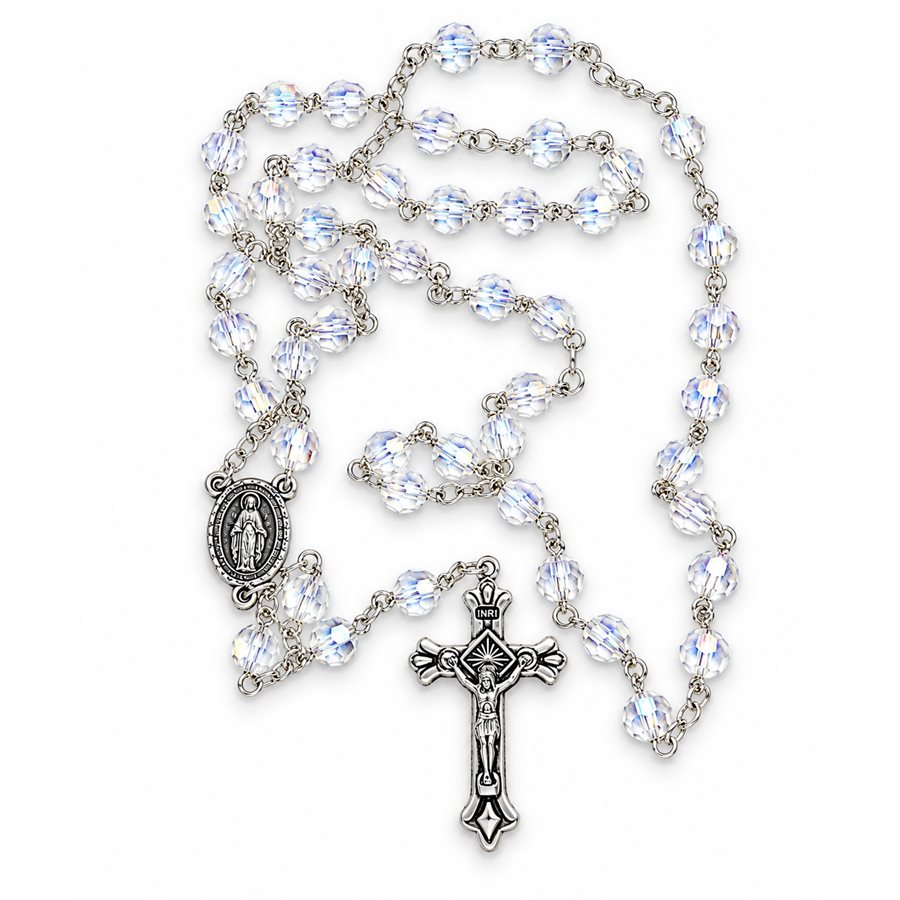 Chapelet cristal clair, grains 6 mm, médaille miraculeuse