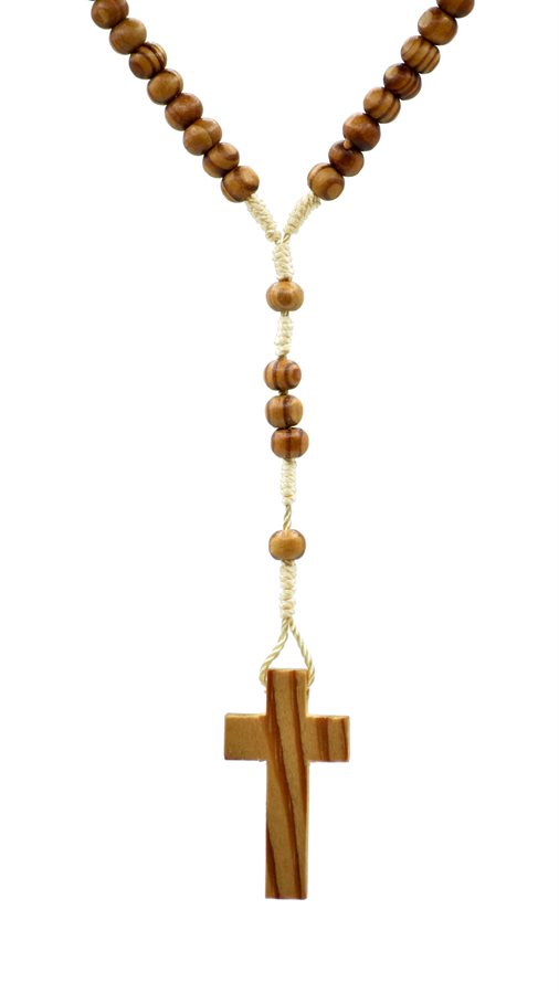Chapelet, perles 06 mm en bois d'olivier, sur corde, croix