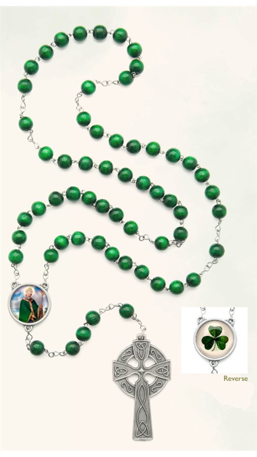 Chapelet Saint Patrick 8 mm vert et chaîne argentée