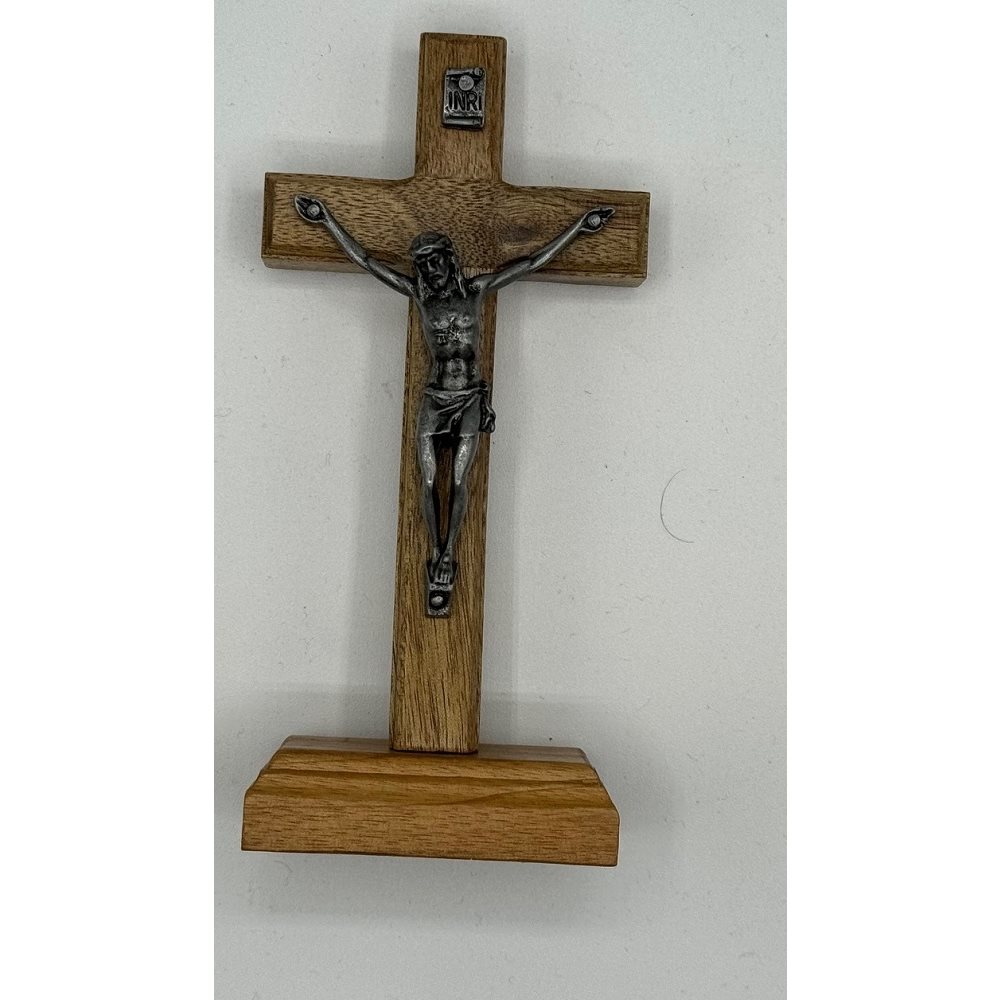 Wood Crucifix on base, 4 3 / 4", Silver Finish Metal Corpus