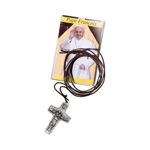 Croix argentée Pape François sur corde brune, 2,5 cm