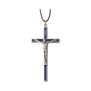 Croix, métal argenté et émail bleu, 8,5 cm