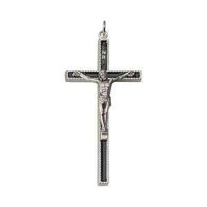 Croix, métal argenté et émail noir, 8,5 cm