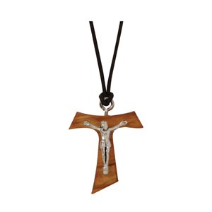 Pendentif croix tao, bois olivier, corpus arg., 33 cm