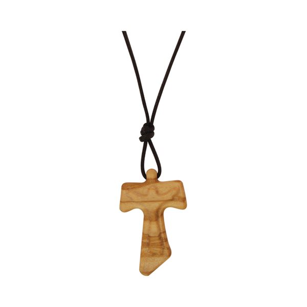 Pendentif croix tao, bois olivier, corpus relief, 33 cm