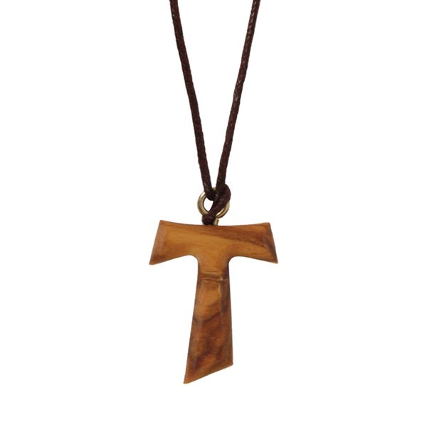 Olive Wood Tao Cross Pendentif, Brown String, 13"