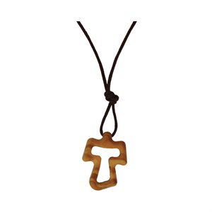 Pendentif croix tao, bois olivier, corde brune, 33 cm