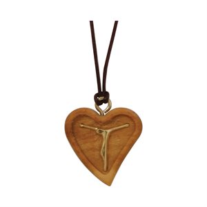 Pendentif coeur, bois olivier, corpus doré, 33 cm