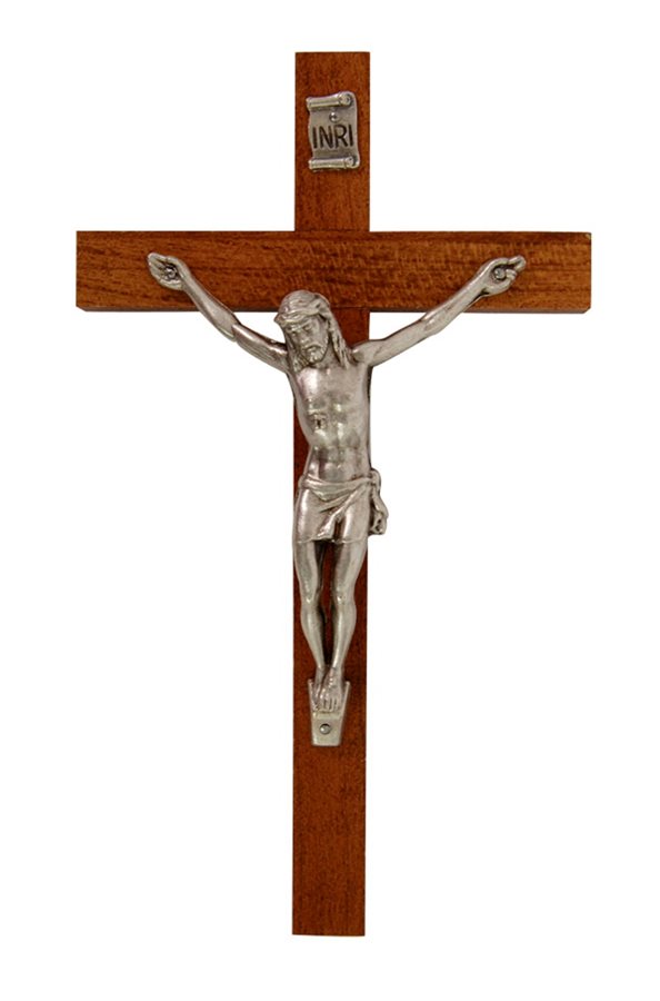 Croix en bois brun foncé, corpus argent, 12,7 cm