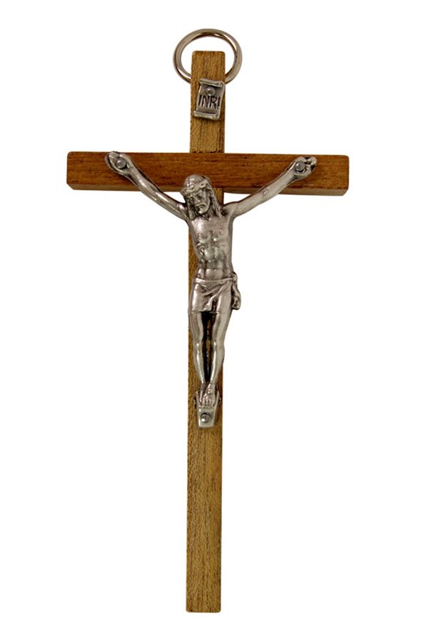 Crucifix en bois brun, corpus argenté, 9 cm