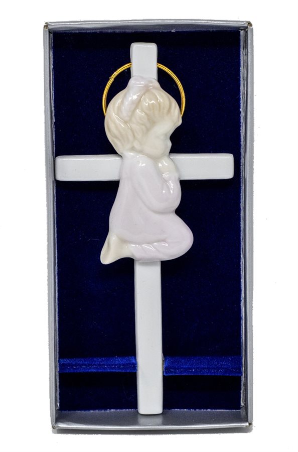 Croix baptême fille, porcelaine blanche et rose, 14 cm