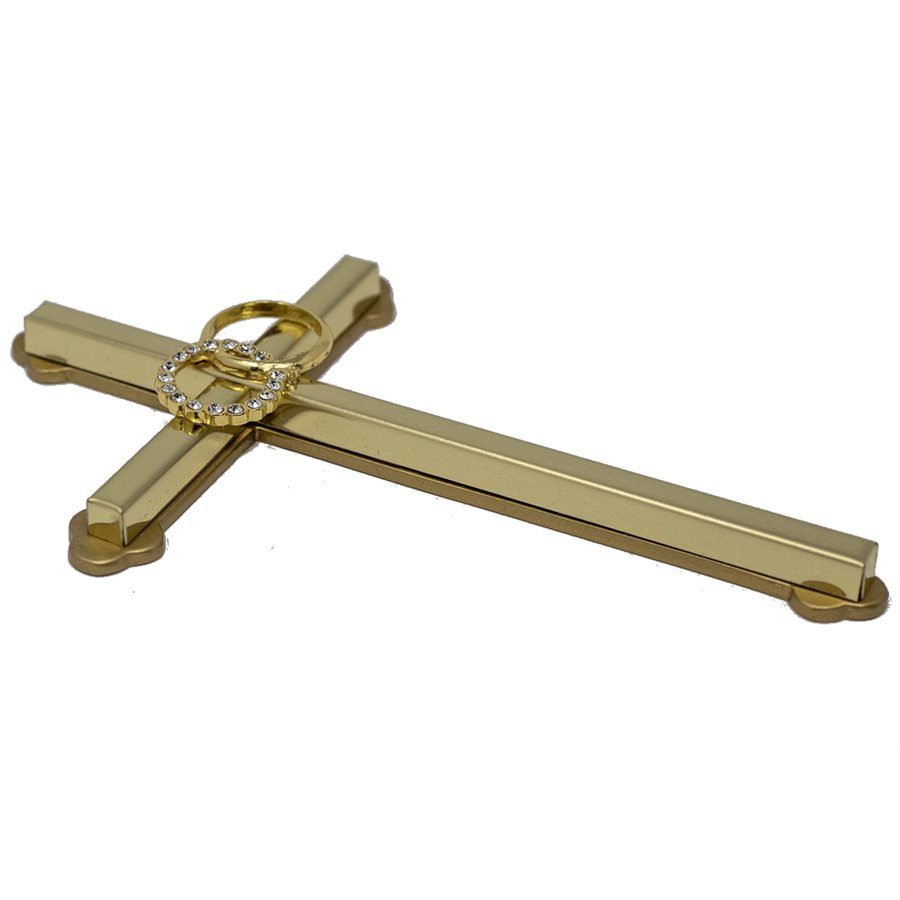 Croix dorée pour mariage, alliances topaze, 15 cm
