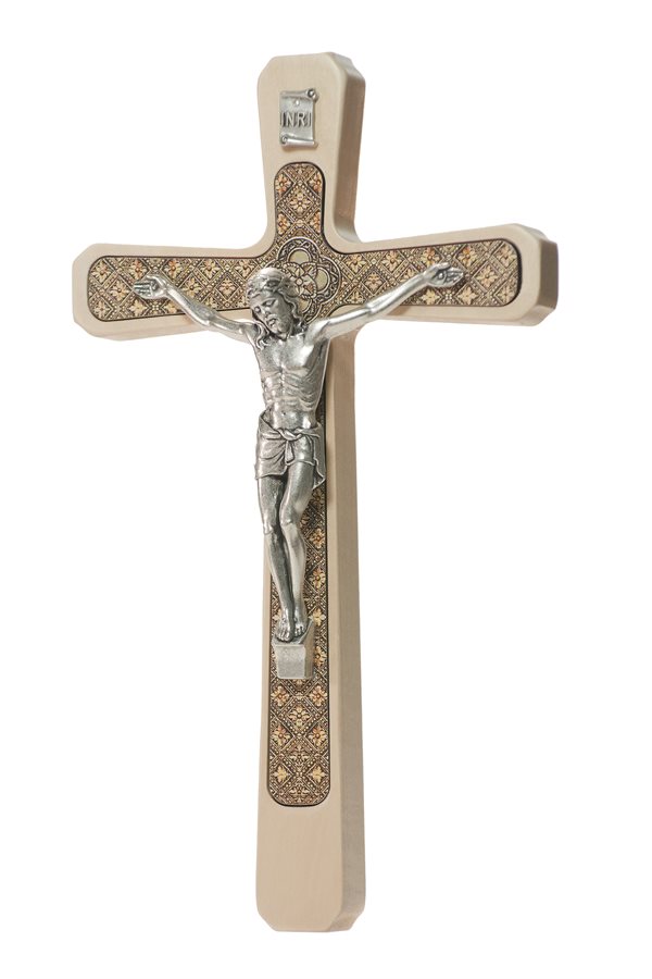 Decorated Wood Crucifix, Silver Metal Corpus, 8"