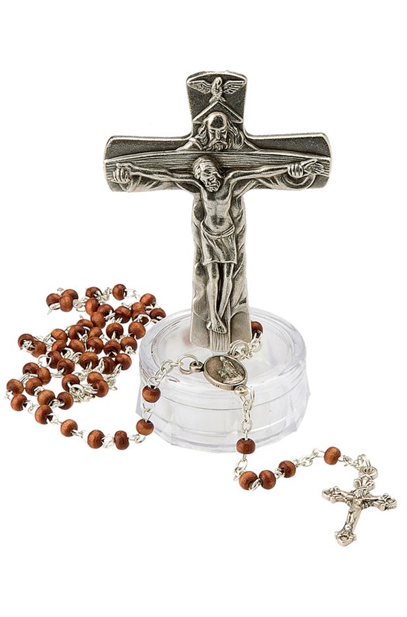Crucifix en métal sur base, chapelet en bois, 9 cm