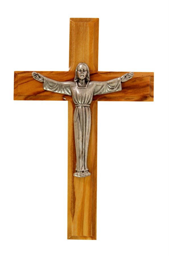 Crucifix bois d'olivier, corpus métal arg., 12 cm