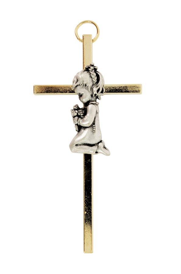 Croix baptême fillette en métal bicolore, 8 cm