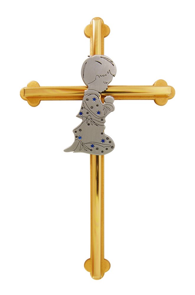 Two-Tone Metal Cross for Boy w / Blue Stones, 8"