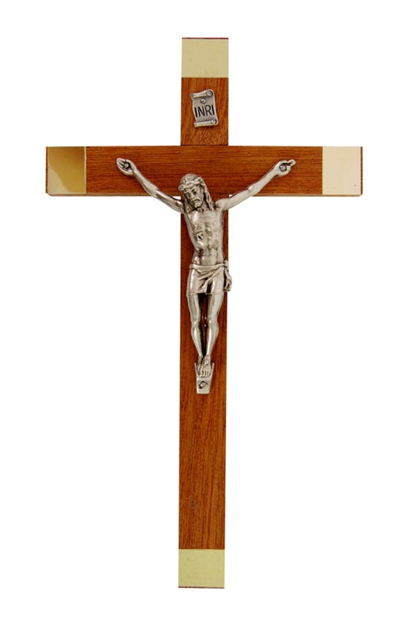 Crucifix bois et métal, corpus métal arg., 17 cm