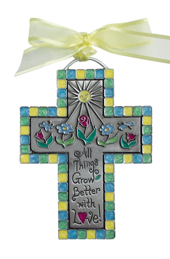 Hand-Painted Enamel & Metal Cross, 4", English