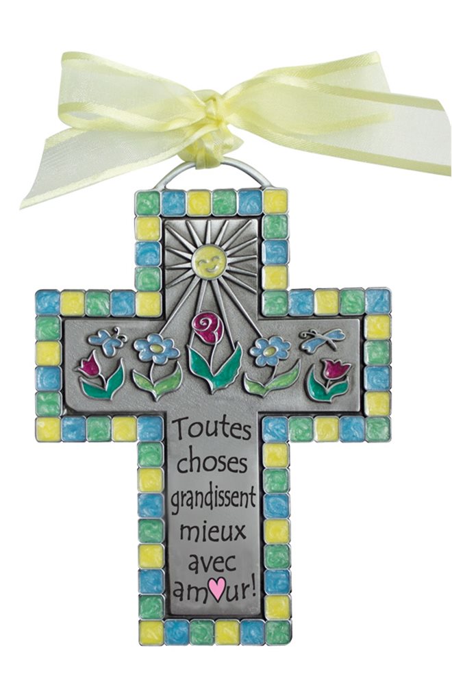 Hand-Painted Enamel & Metal Cross, 4", French