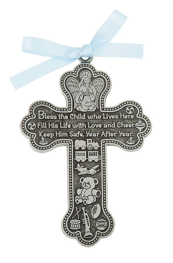 Croix baptême garçon, étain, ruban bleu, 9 cm, Anglais / un
