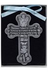 Croix baptême garçon, étain, ruban bleu, 9 cm, Français  /  un