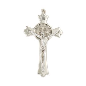 Croix Saint Benoît stylisée, fini argent, 7,6 cm