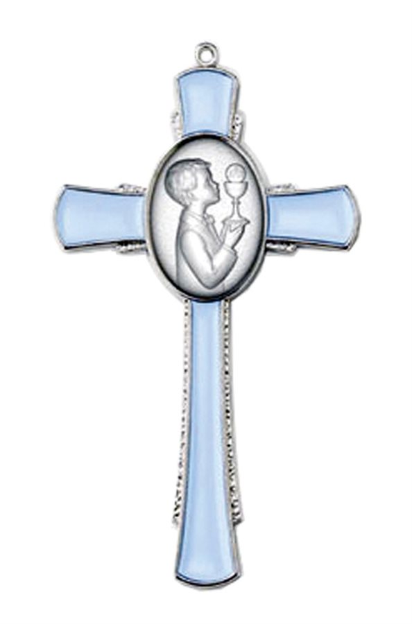 Croix 1ère Communion pour garçon, émail bleu, 11 cm