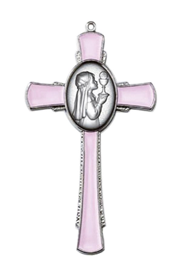Croix 1ère Communion pour fille, émail rose, 11 cm