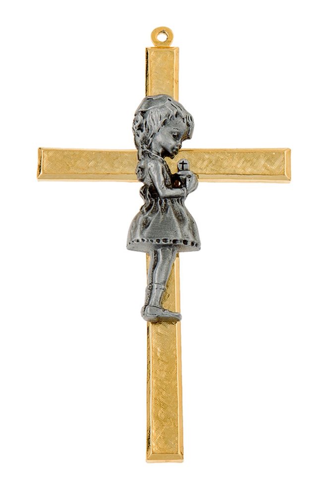 Two-Tone Metal First Communion Cross w / Girl, 4"