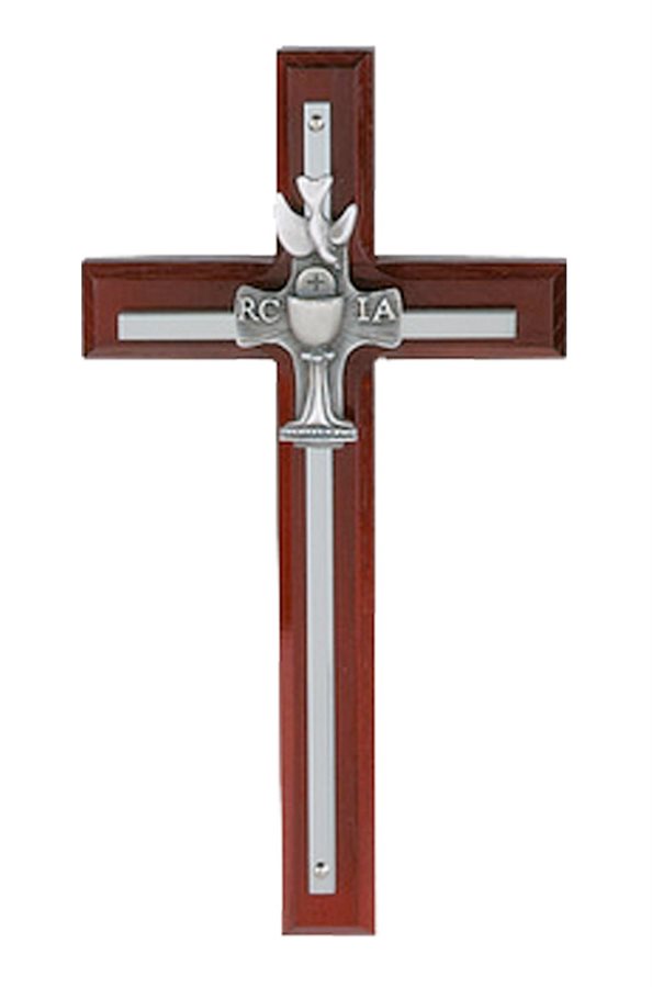 Crucifix argenté "RCIA" bois teinté cerisier,18 cm