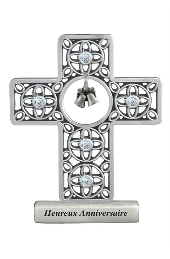Croix anniv. mariage, cristal, étain, 7,6 cm, Français