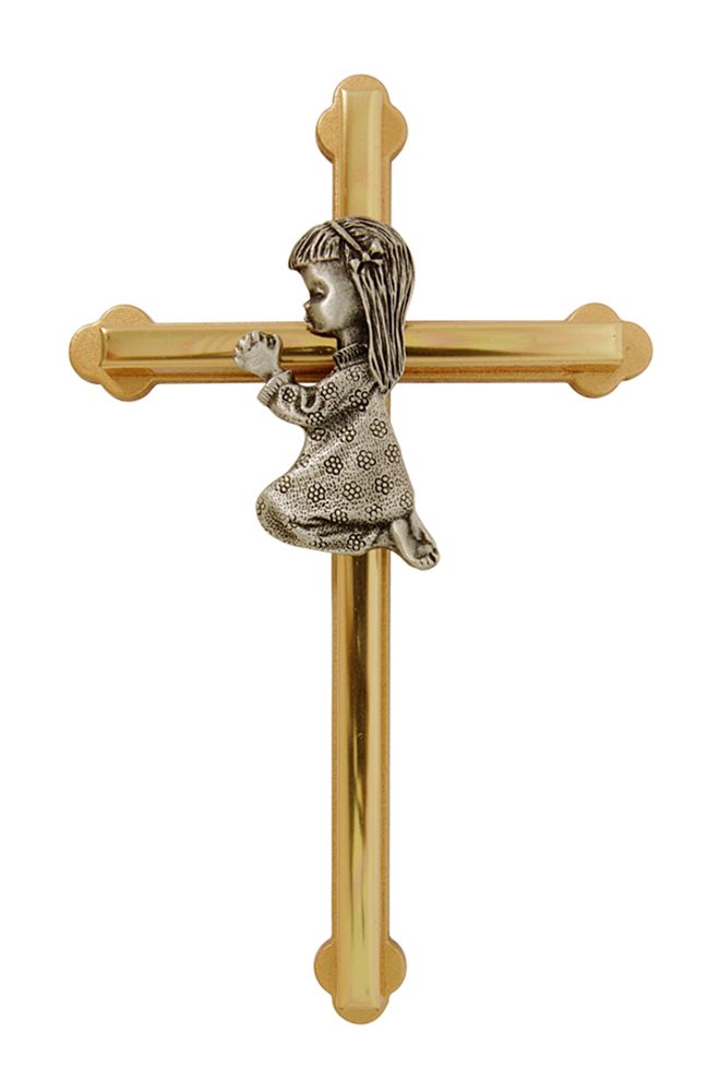 Two-Tone Metal Cross with Praying Girl, 6"