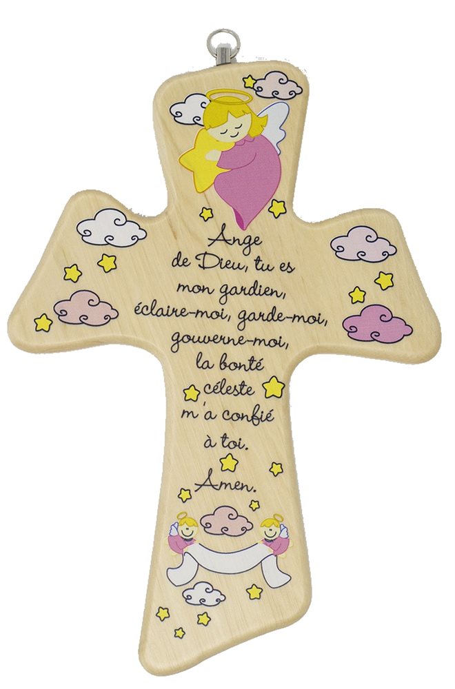 Croix baptême bois fille, Ange de Dieu, 22 cm, Français