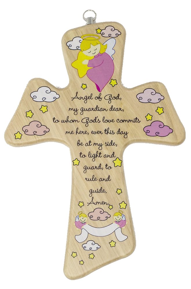 Croix baptême bois fille, Ange de Dieu, 22 cm, Anglais