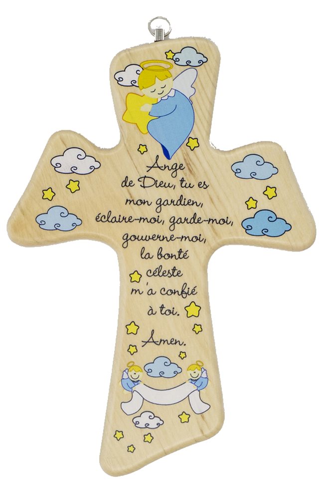 Croix baptême bois garçon, Ange de Dieu, 22 cm, Français