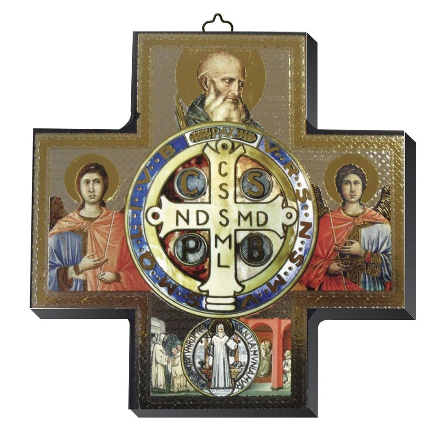 Croix icône en bois Saint Benoît 15 x 15 cm
