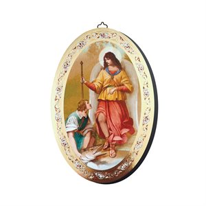 Plaque archange "Raphael", bois, couleur, 18 cm