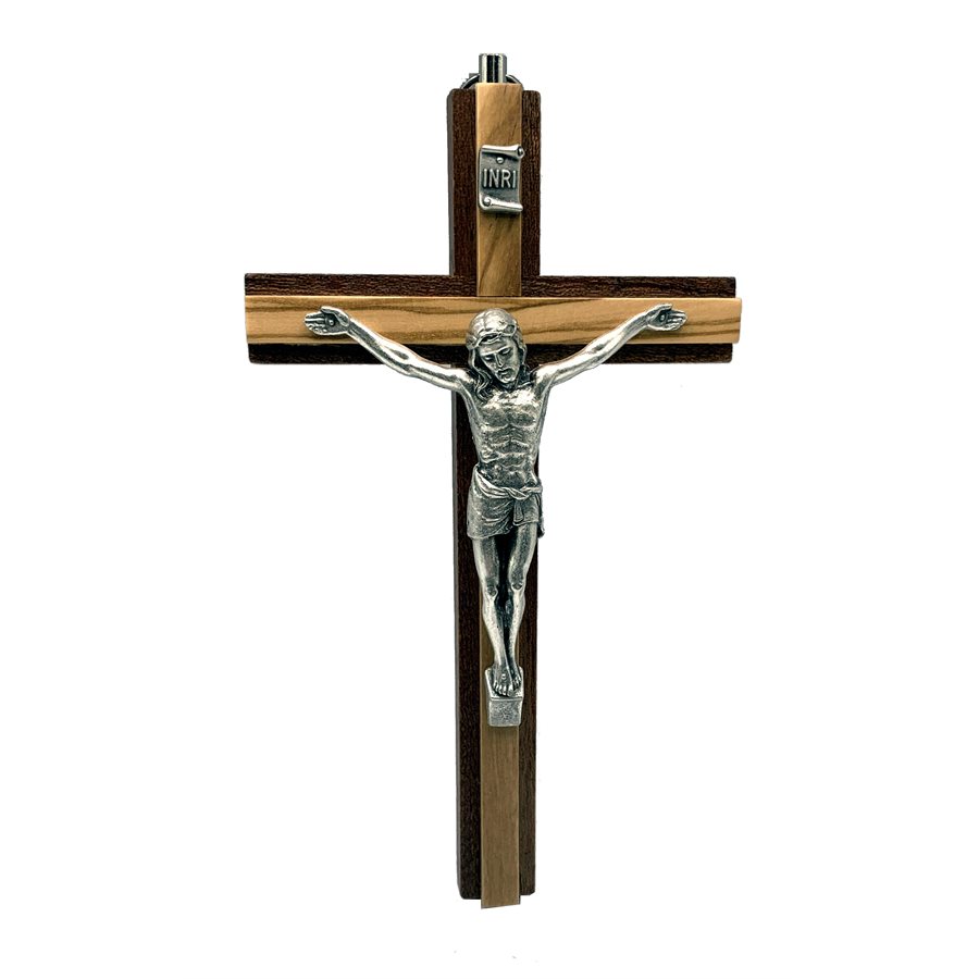 Wood Crucifix and Silver metal Corpus 6'' (15 cm)