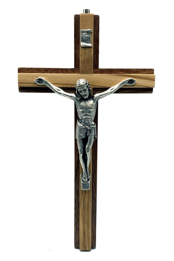 Wood Crucifix and Silver metal Corpus 8'' (20 cm)