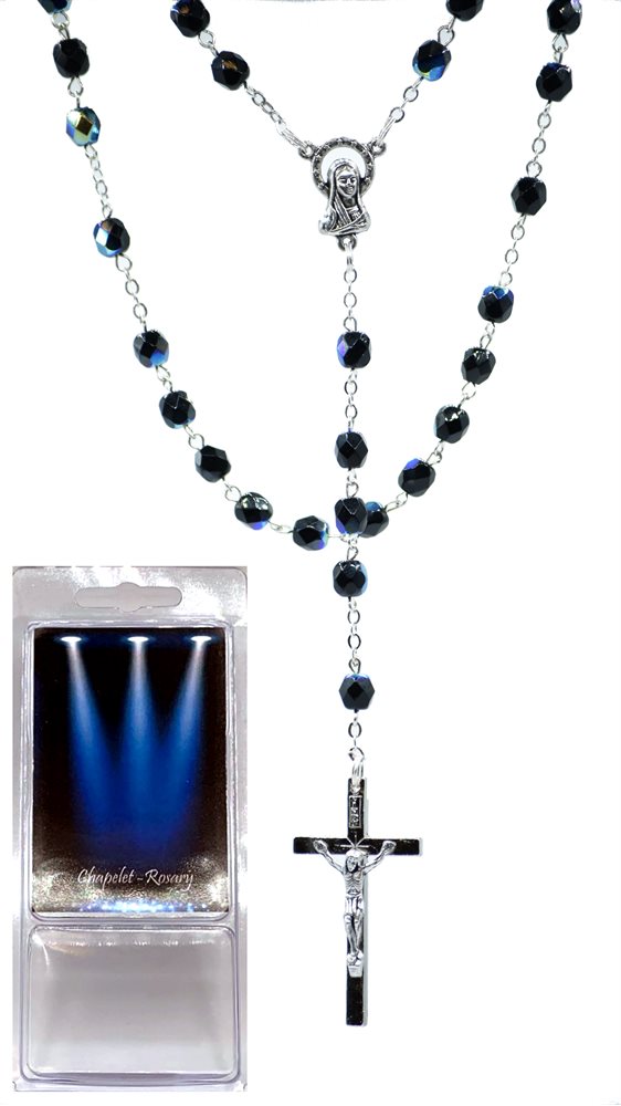 Boxed Rosary, 6mm Black Glass Bds, S-F Cross, 18"