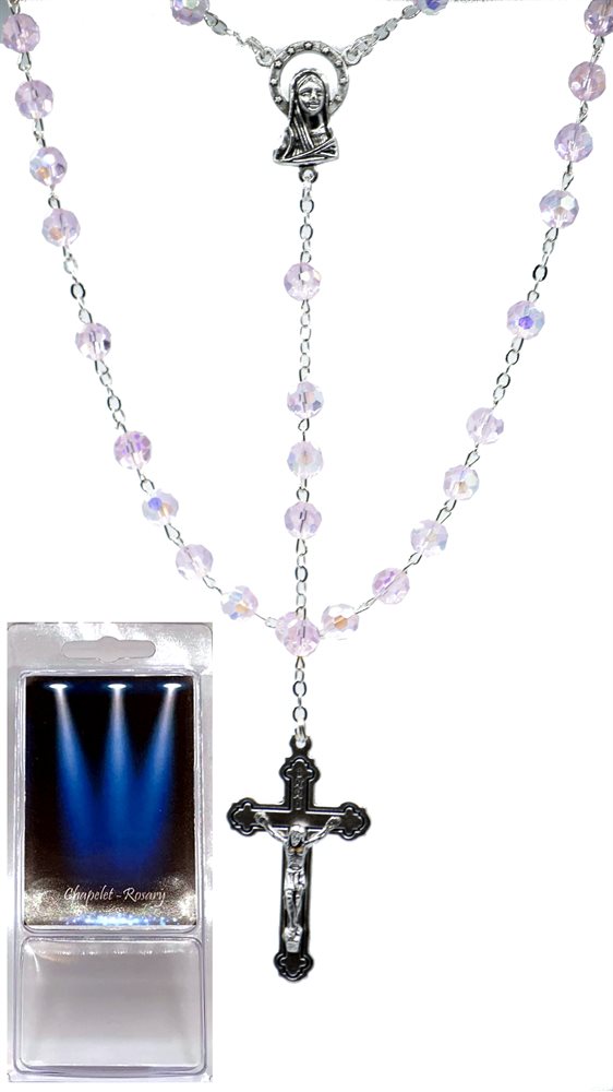 Boxed Rosary, 6mm Pink Cut Crystal Bds, S-F Cross