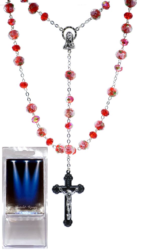 Boxed Rosary, 7mm Red Crystal Beads, S-F Cross