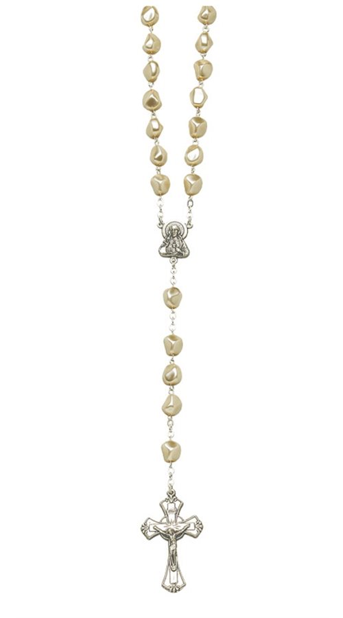 Boxed Rosary, 7 mm Beige Pearled Glass Beads