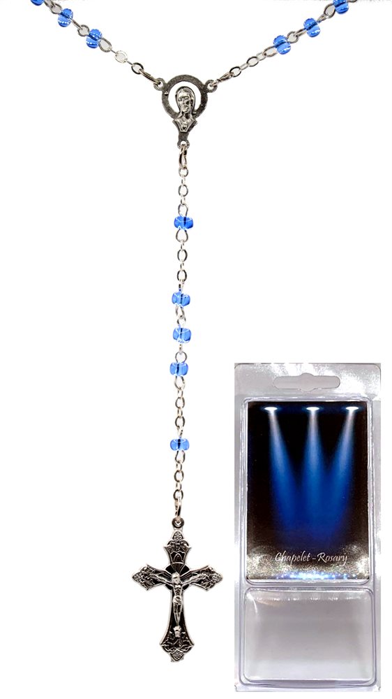 Boxed Rosary, 4 mm Blue Glass Beads, 12"