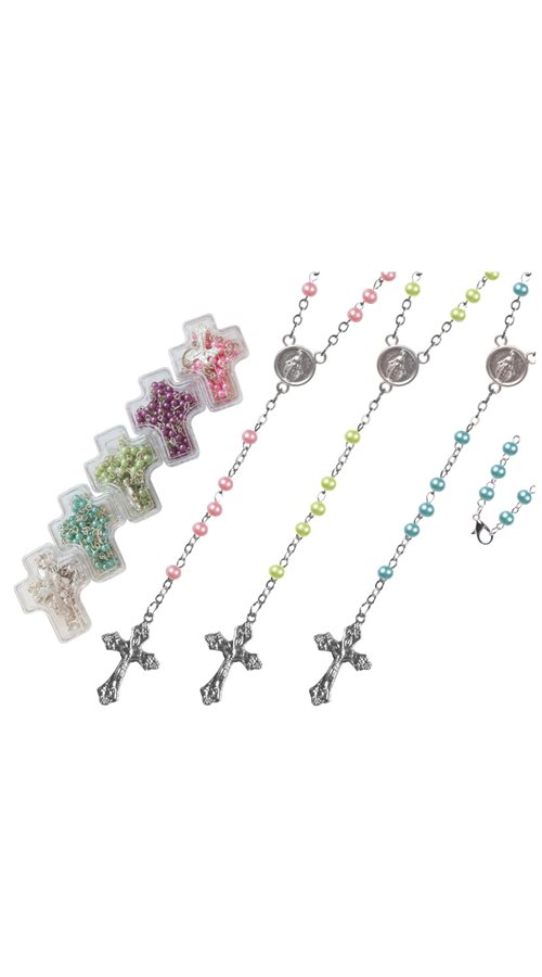 Cross-shaped box, plastique 4mm rosary, ass. colors