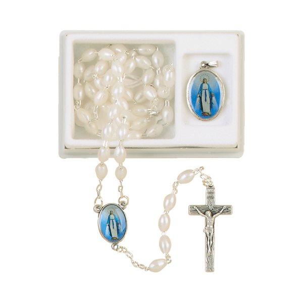 Boxed Rosary, 5 mm White Plastic Beads, 18"