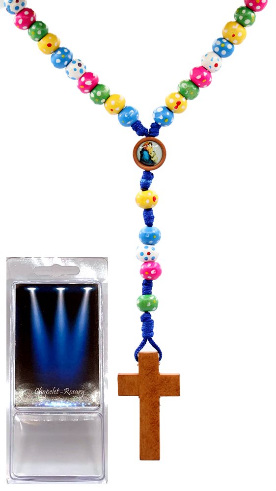 Boxed rosary, 7 mm multicolored wooden beads