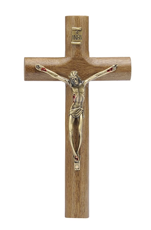 Crucifix de bois 17 cm avec marques de sang du Christ