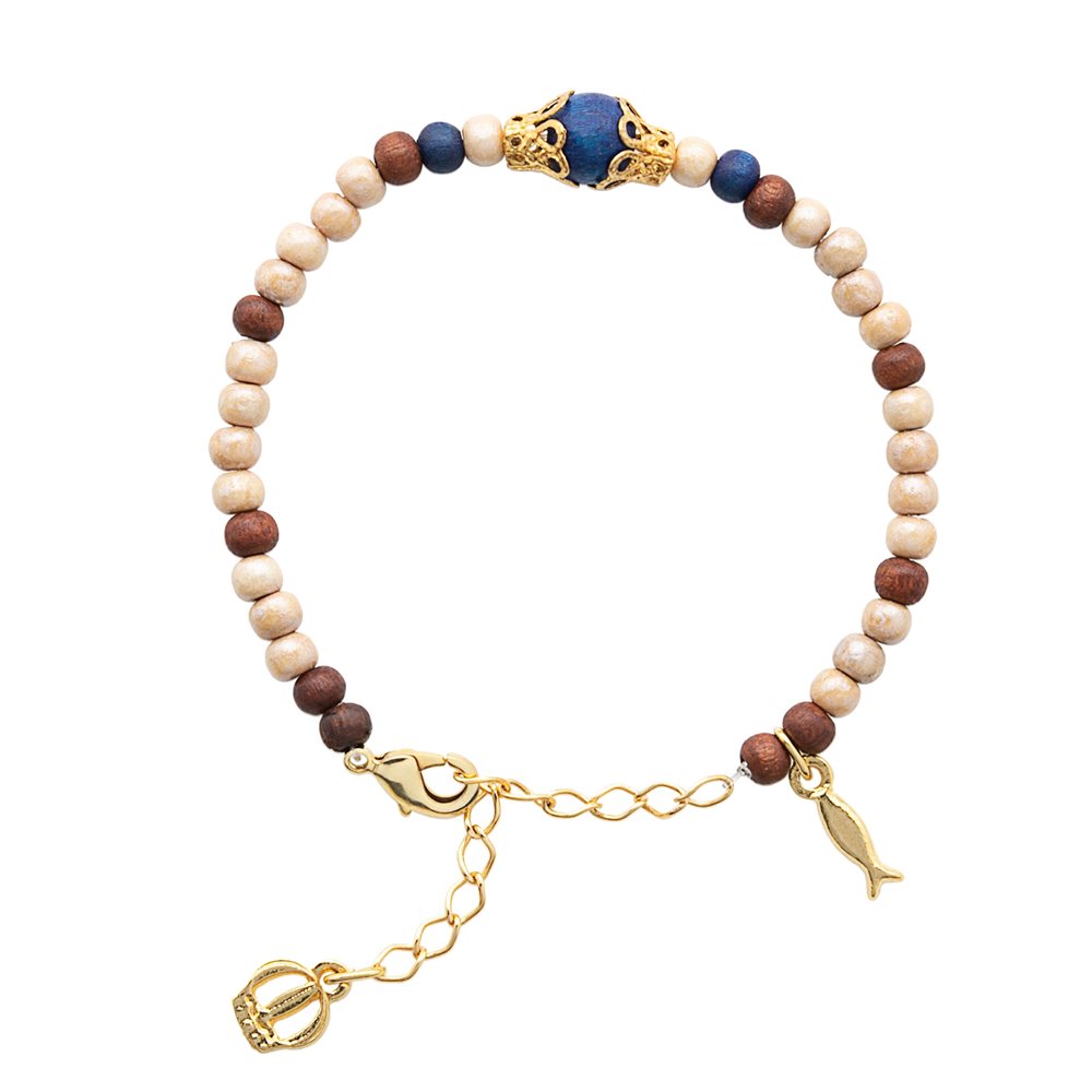 Gold bracelet with 4 mm wood beads, fish